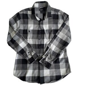 Express Mens Buffalo Plaid Flannel Shirt Black White Herringbone Large L